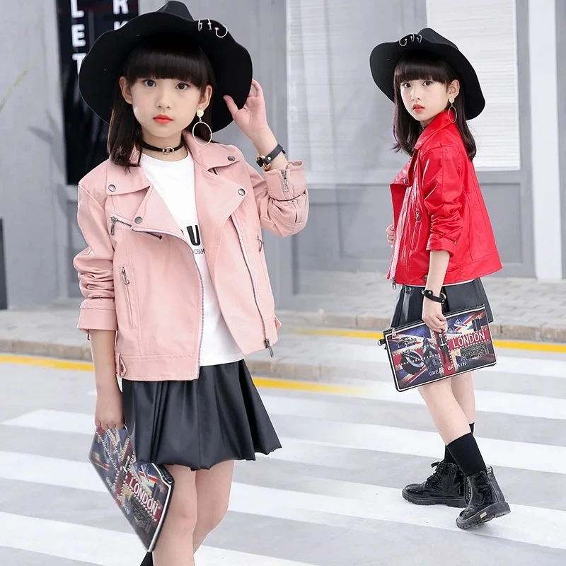 

Black Pink Red PU Leather Outerwear Teens Coat Casual Clothing New Spring Kids Faux Leather Jacket For Girls Vintage Designer