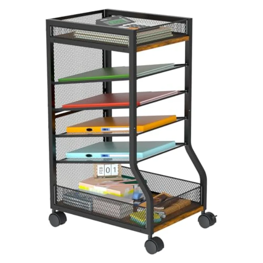 

6-уровневый вертикальный органайзер для документов для организации офиса, подстольный держатель для файлов с выдвижными сетчатыми лотками для бумаг, тонкий, на колесиках