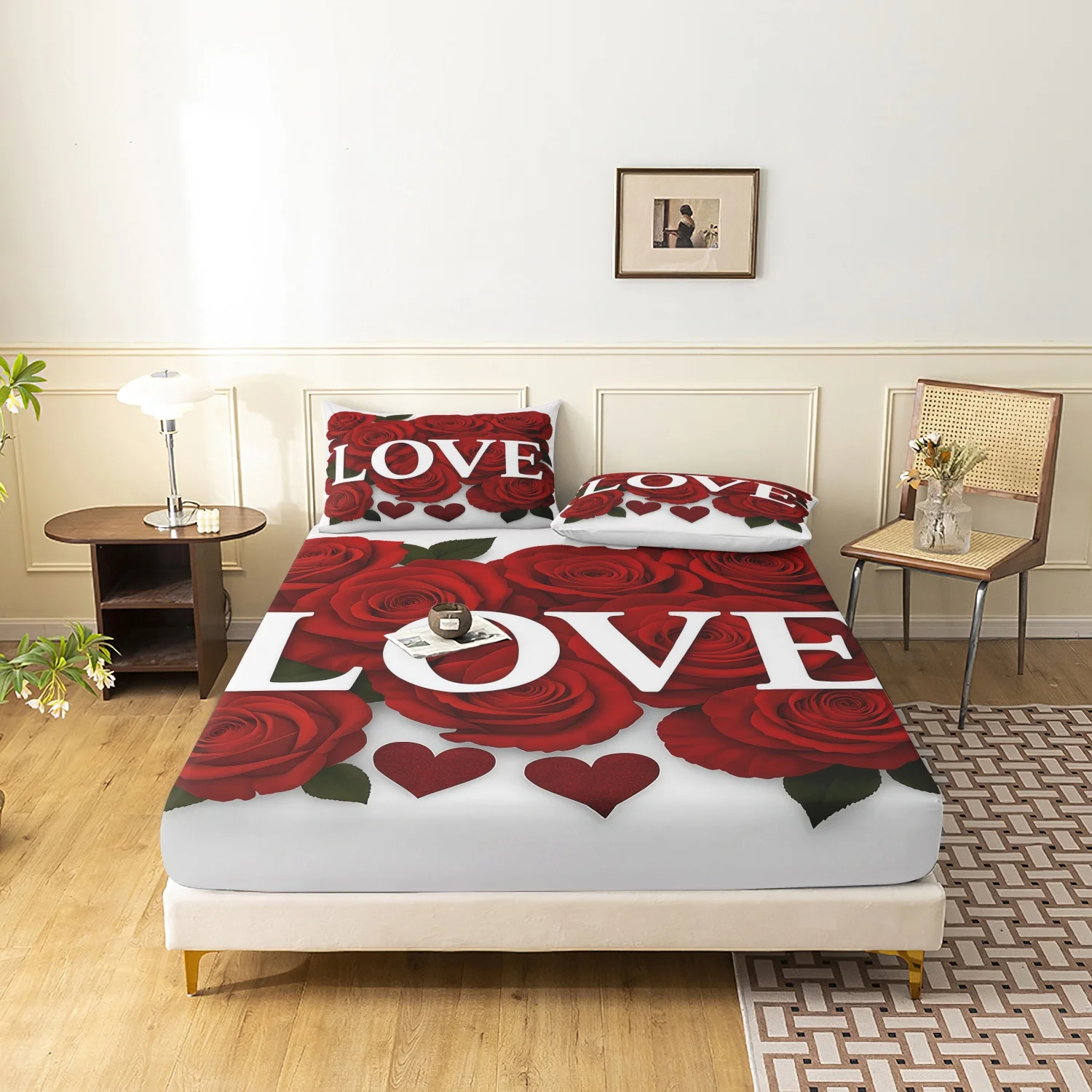 3pcs Valentine's Love Rose Day Applicable Love Letter Pattern Fitted Sheet Set, Bedding Set, Soft and Comfortable  Fitted Sheet