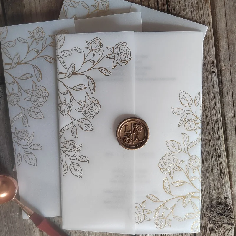 Matte Gold Little Rose Vine flower Vellum Wrap Suitable for a 5 x 7 inch Wedding Invitation