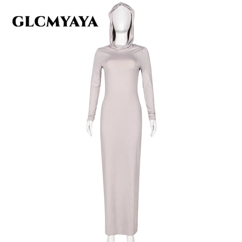 GLCMYAYA Streetwear Women Hooded Posterior Side Slit Pullover Bodycon Dress 2023 Sexy Long Sleeve Solid Midi Maxi Long Dresses