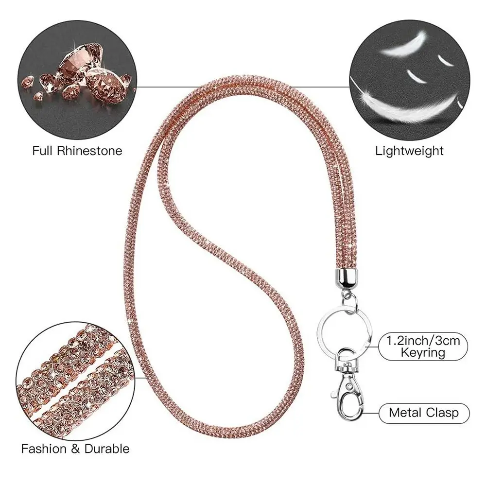 Fashion Crystal Phone Lanyards with Metal Clasp Bling Rhinestone Neck Strap Anti-Loss Hanging Lanyards Keychain ID Card Holder