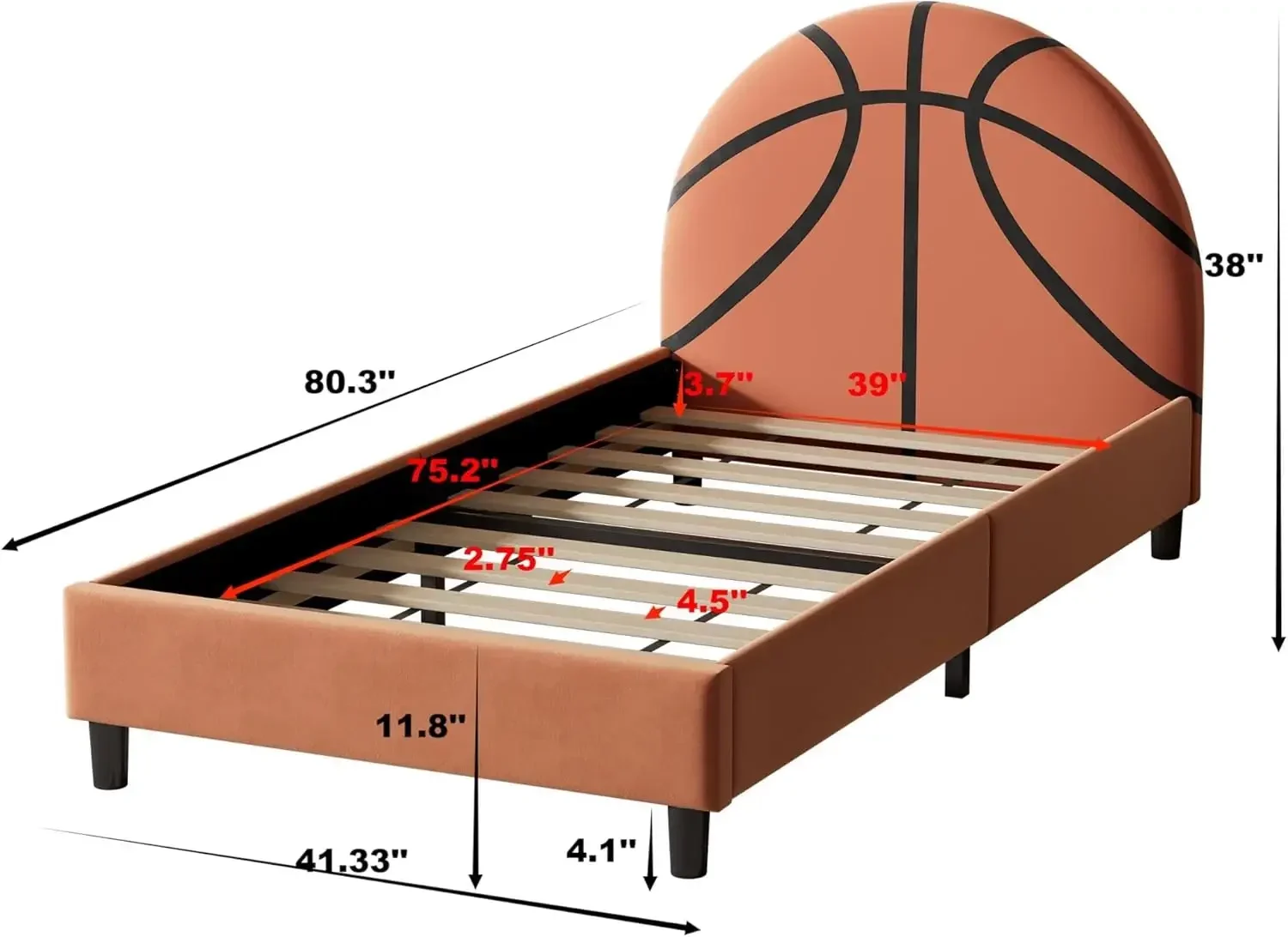 Basketball Design Velvet Upholstered Platform Bed for Boys, Girls, Teens, Twin Metal Platform Bed Frame for Bedroom, Children's