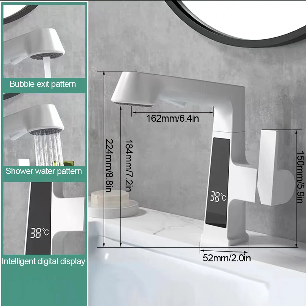 Faucet Dual-mode Lifting And Lowering Digital Temperature Display Faucet With° Rotation Single Handle Shower Water Spray