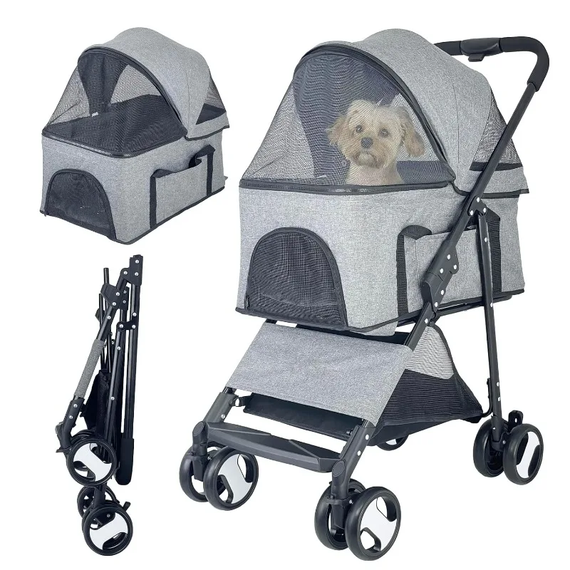 3-in-1 Dog Stroller for Medium Dogs, Foldable and Detachable Carrier Pet Stroller, Easy One-Hand Fold, up to 44lbs (Grey)