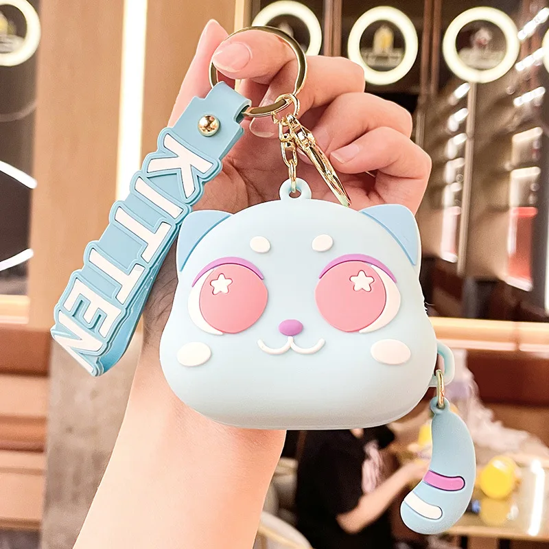 Cute Big Eyes Cat portamonete in Silicone con portachiavi Kawaii Kids Coin Bag cavo dati portatile auricolare Organizer portamonete