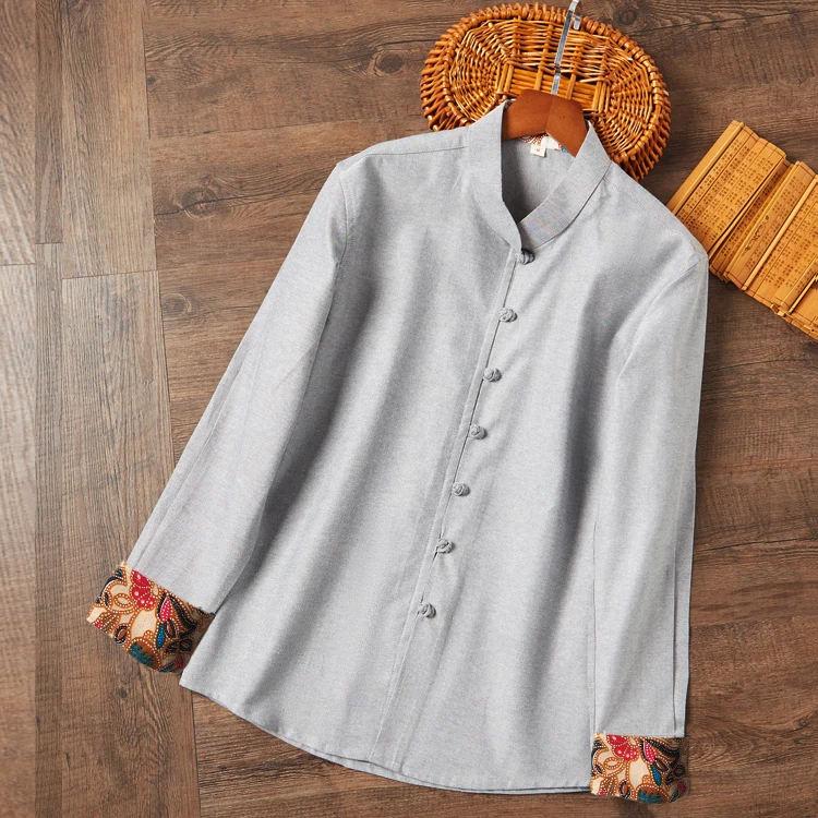 Casual Cotton And Linen Tang Clothing Men Vintage Hand Button Vintage Mandarin Collar Tai Chi Tops Long Sleeve Shirt