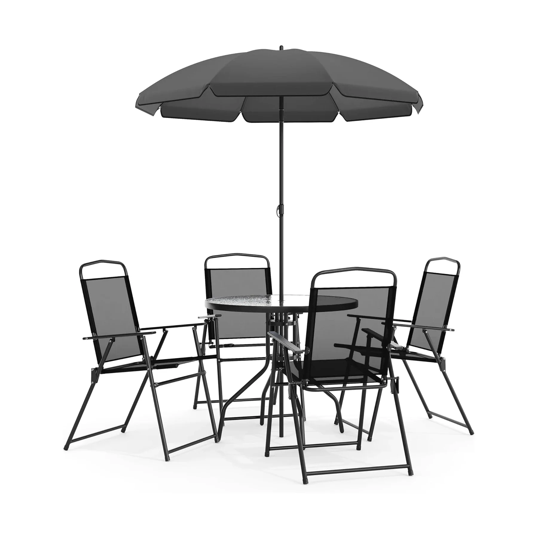 Table parapluie pliante noire, ensemble de 4 chaises, jardin, 6 pièces