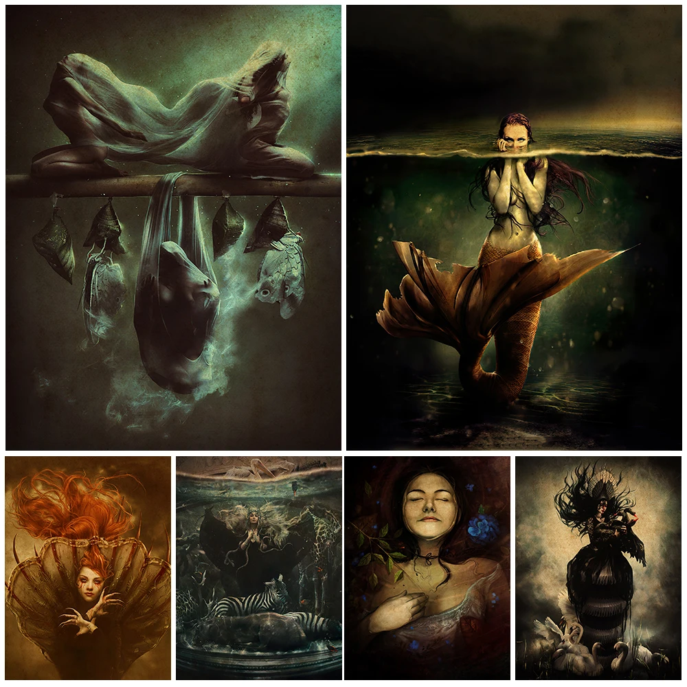 

Dark Faeries And Cocoon Witch Vintage Art Print Black Swan Witch Wall Art Canvas Painting Shuddering Mermaid Poster Print Decor