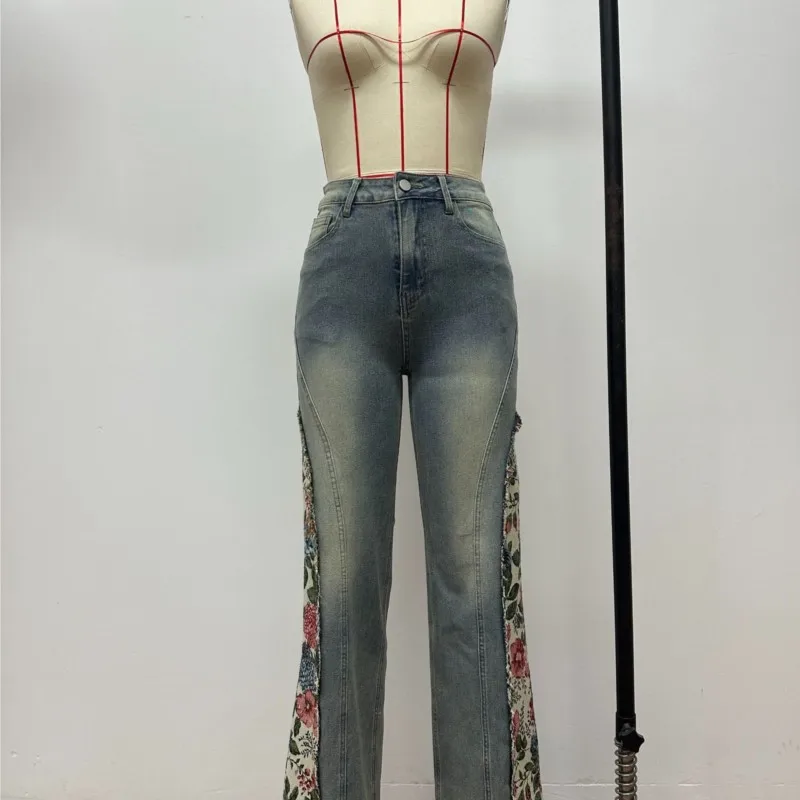 2026 Vintage Flared Pants Pant Street Wind Jean Jeans For Woman Casual Hot Girl Style Slim Floral Print Patchwork Trendy Fashion