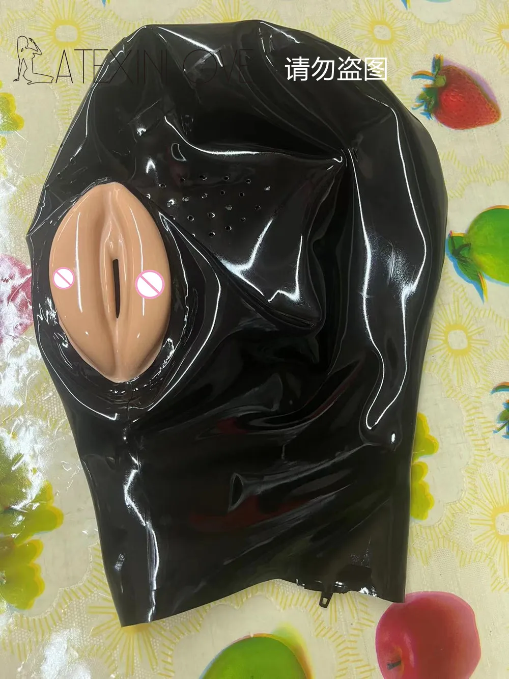 Sexy Fetish Natural Latex Mask Hood Vagina Pinhole Eye Mesh with Real Zip