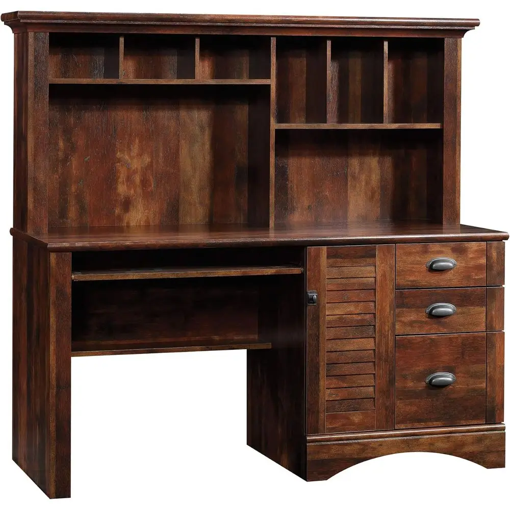 

Cherry-Finished Home Office Desk with Hutch and Keyboard Tray: Harbor View Series
