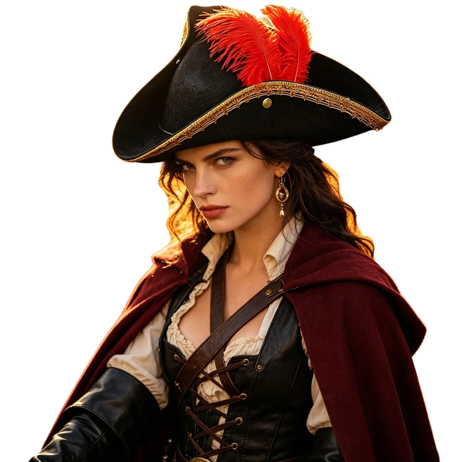 Trimmed Tricorn Pirate Captain Hat Colonial Cap Headwear with Faux Feather Decoration for Halloween Themed Party Cosplay