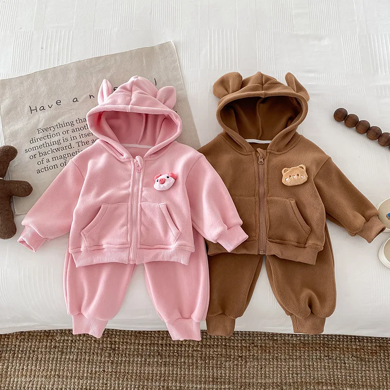 UNIFEMEN 0-3 Years Baby Girls 2PCS Winter Clothes Set Hooded Pocket Cartoon Hoodies Solid Velvet Pants Suit Infant Girls Outfit