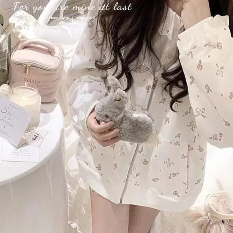 Sweet Floral Long Sleeved Zipper Sweatshirts Mujer 2024 Summer New Hoodie Jackets Y2k E-Girl Sleeve Cardigan Coat Women