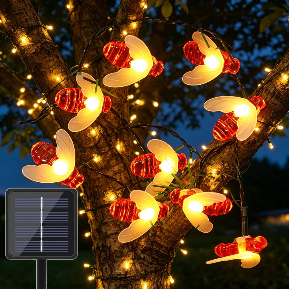 New Solar Powered Cute Honey Bee Led String Fairy Light Bee Outdoor Garden Fence Patio Christmas Garland Lights