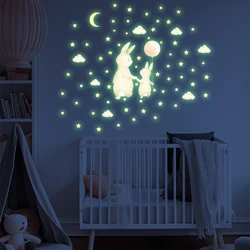 Cartoon Balloon Rabbit Luminous Wall Stickers for Kids Bedroom Glow In The Dark White Clouds Stars Shine Sticker Room Decoration
