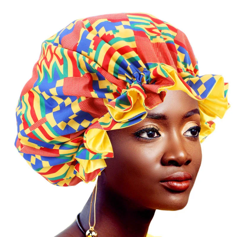 African Ankara Pattern Print Bonnet Night Sleep Cap Big Size Double Layer Satin Turban Women Hair Care Soft Hat Chemo Cap