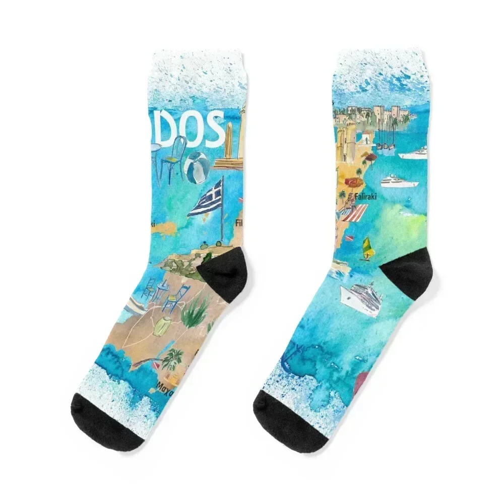 Rhodes Greece Illustrated Map with Landmarks and Highlights Socks New year's winter thermal Socks Men's Women's