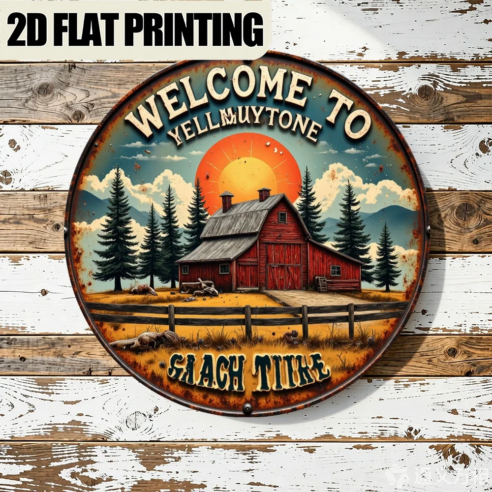 Welcome to Yellowstone National Park Round Metal Sign - 2D Floral Geometric Wall Art, Unique Vintage Decor for Living Room, Pati