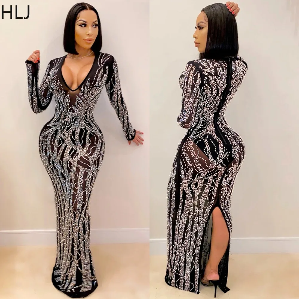 

HLJ Fashion Mesh Perspective Rhinestone Evening Party Dresses Women Deep V Long Sleeve Bodycon Floor Dress Sexy Slit Vestidos