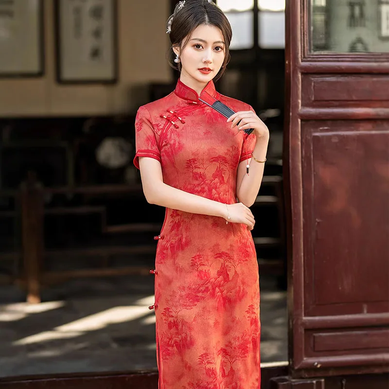

Elegant Jacquard Print Flower Cheongsam Large Size 5XL Female Long Qipao New Chinese Style Dress Spring Summer Short Sleeve Gown