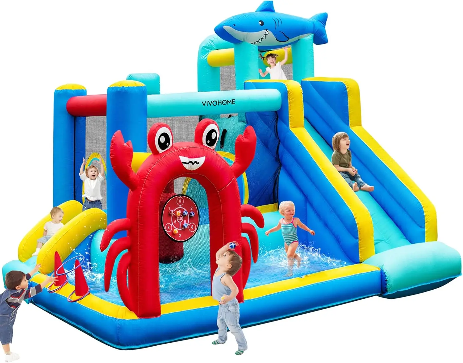 Casa rimbalzante 7 in 1 per bambini, castello gonfiabile gonfiabile a tema mare con scivolo, buttafuori gonfiati da 12x10 piedi per esterni con ventilatore