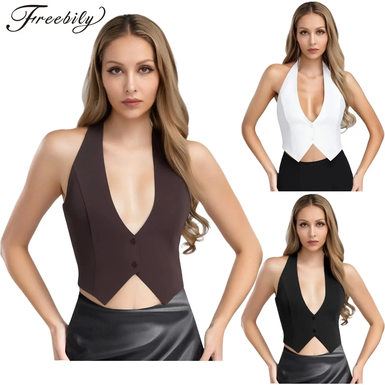 

Women's V Neck Sleeveless Vests Backless Button Cropped Tops Adjustable Halter Suits Vest Fashion Party Club Working Waistcoats