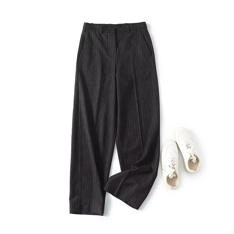 

Jenny&Dave French Office Lady Grey Commuter Flannel Pants Winter Vintage Stripe Loose Straight Pants Women's Pants Woman Clothes