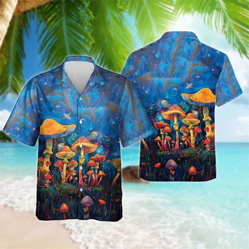 Magic Mushroom Beach Shirt Cute Toadstool Print Hawaii Casual Shirts Mens Cool Blouses Short Sleeve Comfortable Men Blouses Top