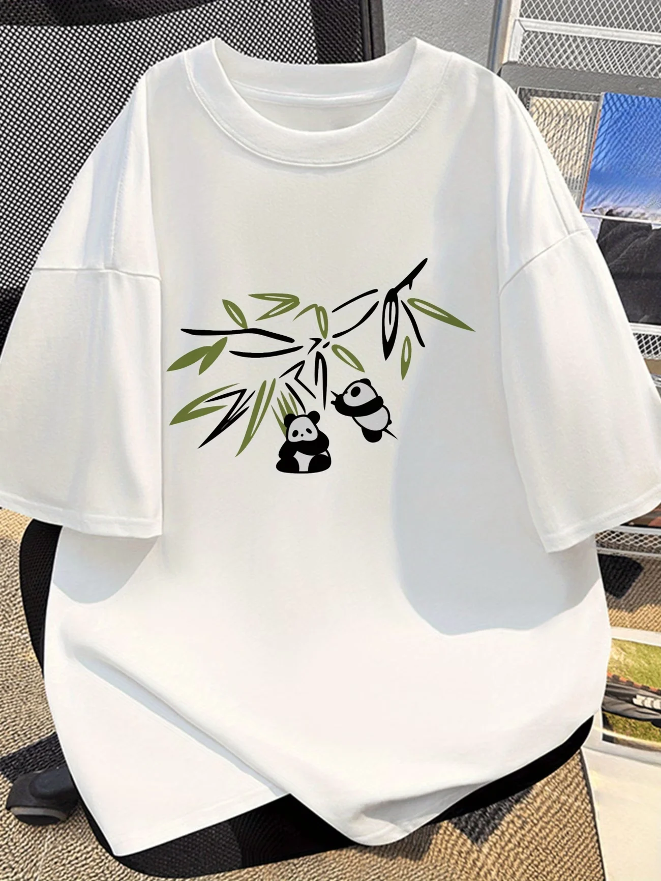 Cute Panda and Bamboo Graphic T-Shirt Chinese Style Giant Panda Print Tee Humorous Animal Summer Short Sleeve Top Unisex Casual