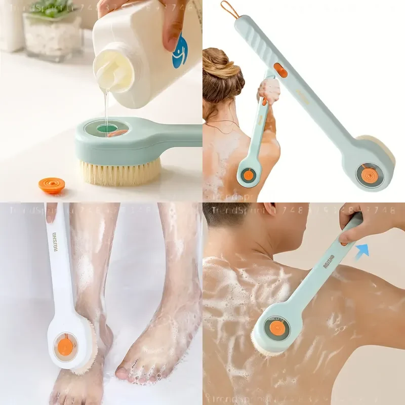 Liquid Dispensing Bath Brush Long Handle Soft Bristle Back Scrubber Press Type Shower Cleaning Tool Unisex Self Rubbing