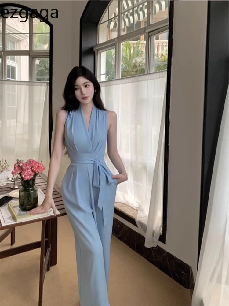 Ezgaga Jumpsuit Women Vintage V Neck Summer Fashion Sleeveless Off Shoulder Wide Leg Rompers Bandage Office Lady Jumpsuits