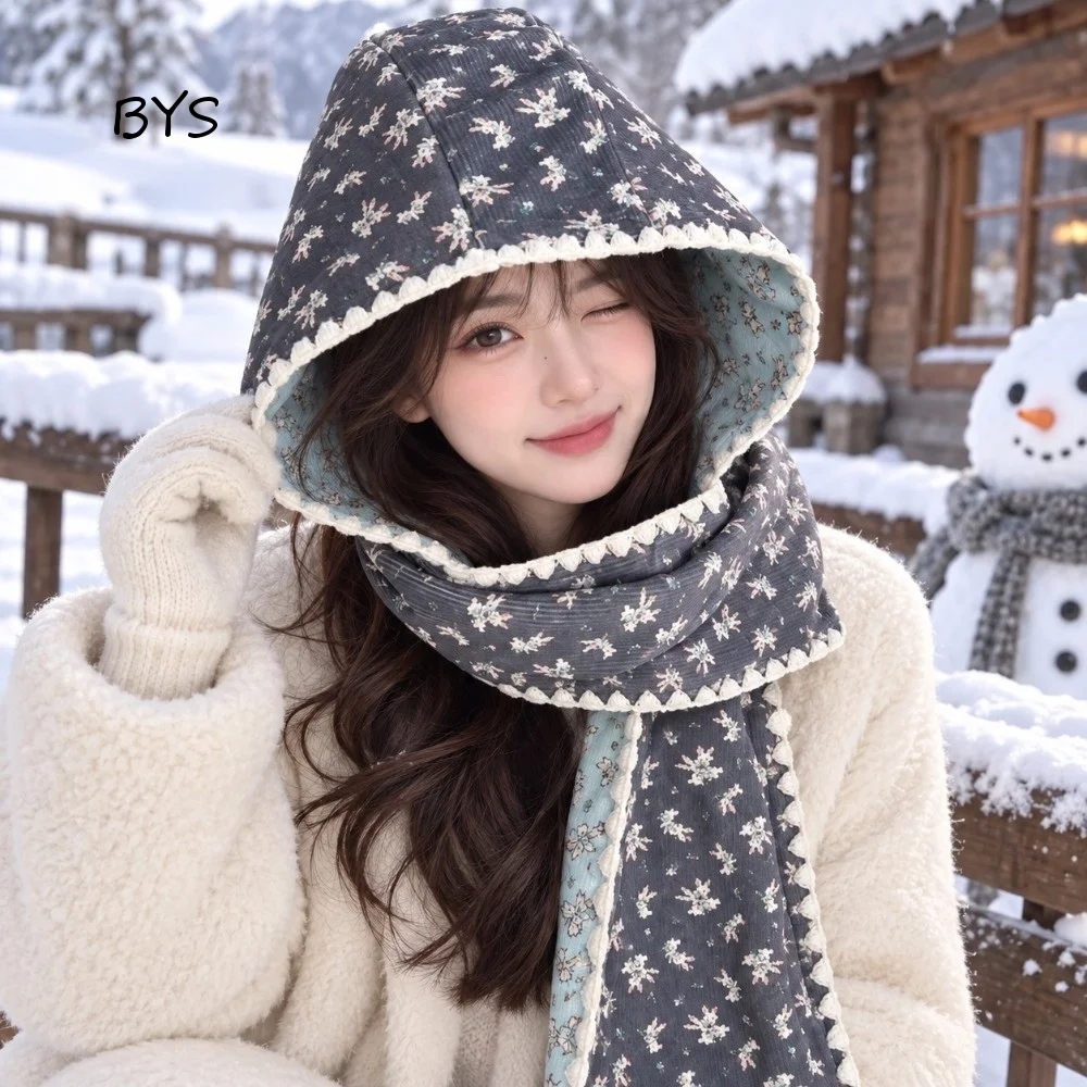Fashion Double-Sided Winter Scarf Hat Warm Floral Print Hooded Earmuffs Scarf Thick Convertible Two-In-One Hat Scarf Daily Wear