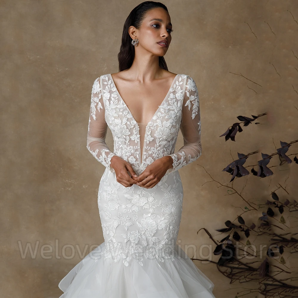 Robe de Mariée Sirène à Volants et Manches sulfen Tulle, Classique, Col en V, Dos Ouvert, pour Patients, Quelle que soit la Robe