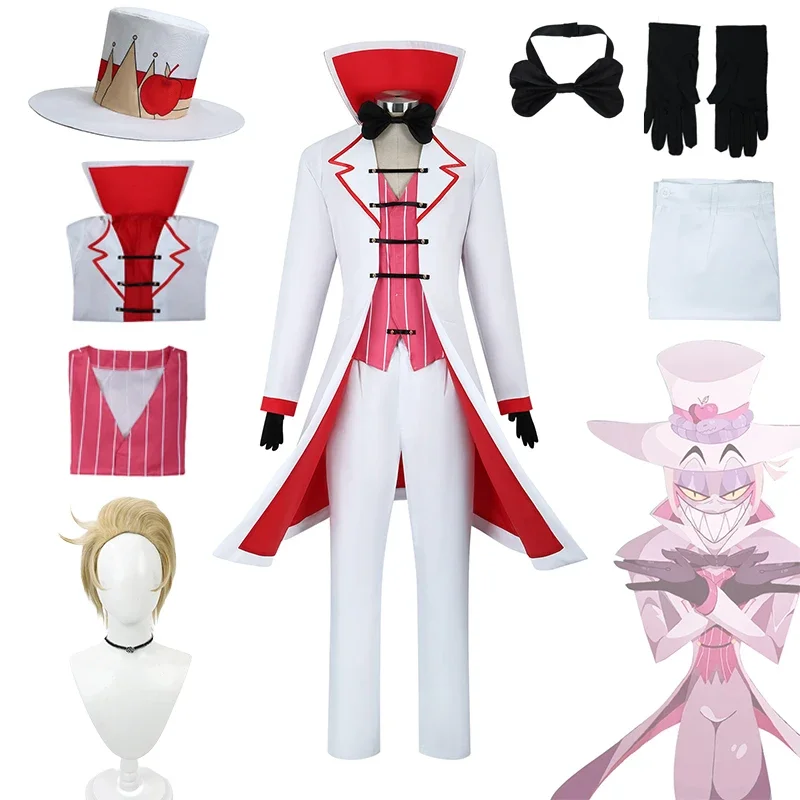 Hazbin Lucifer Cosplay Hat Anime Hotel Morningstar Cosplay Costume Wig Daddy White Suit Halloween Party Adult Men Costume