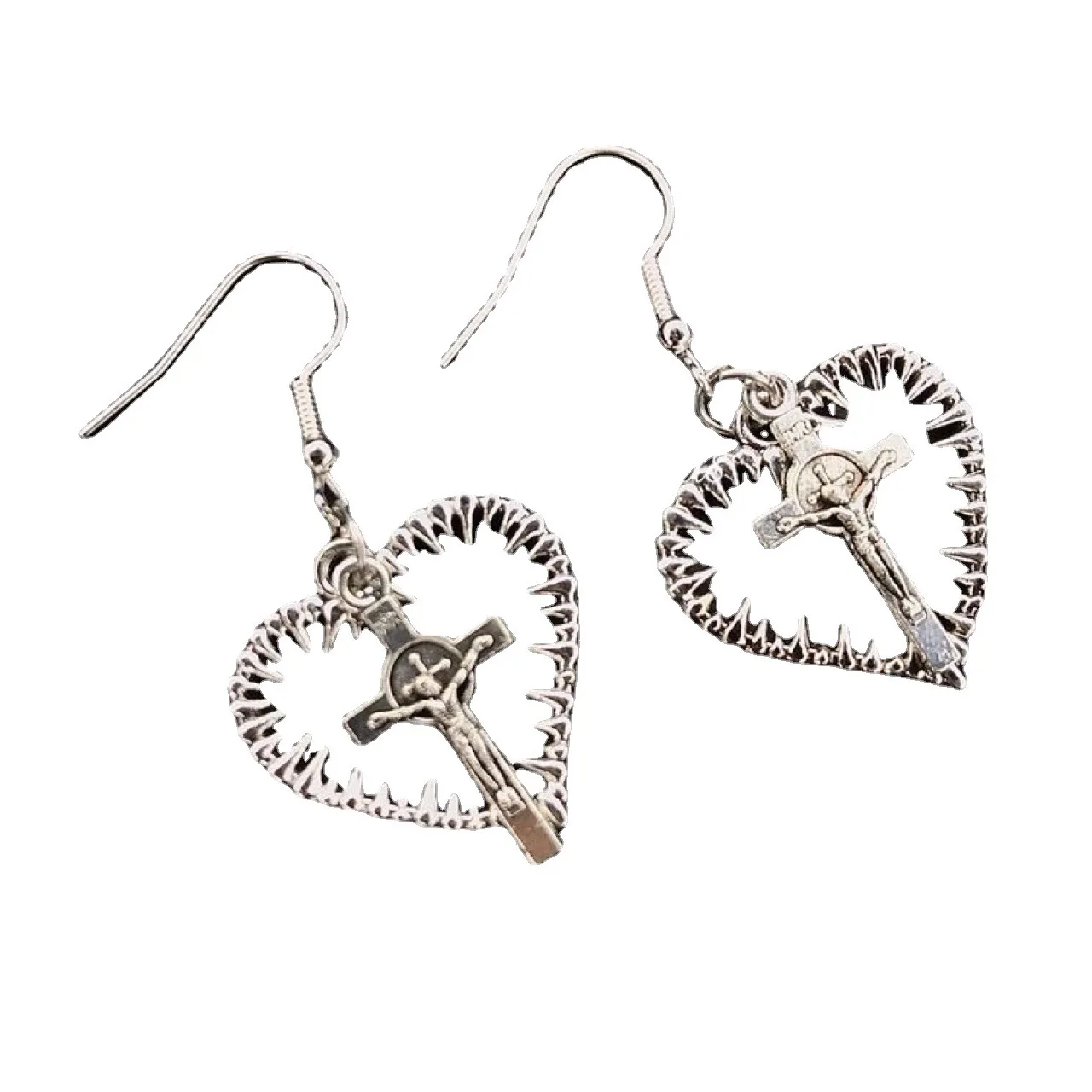 Sweet Cool Style Spicy Girl Thorn Heart Cross For Women Simple Geometric Hollow Pendant Personality Versatile Earrings