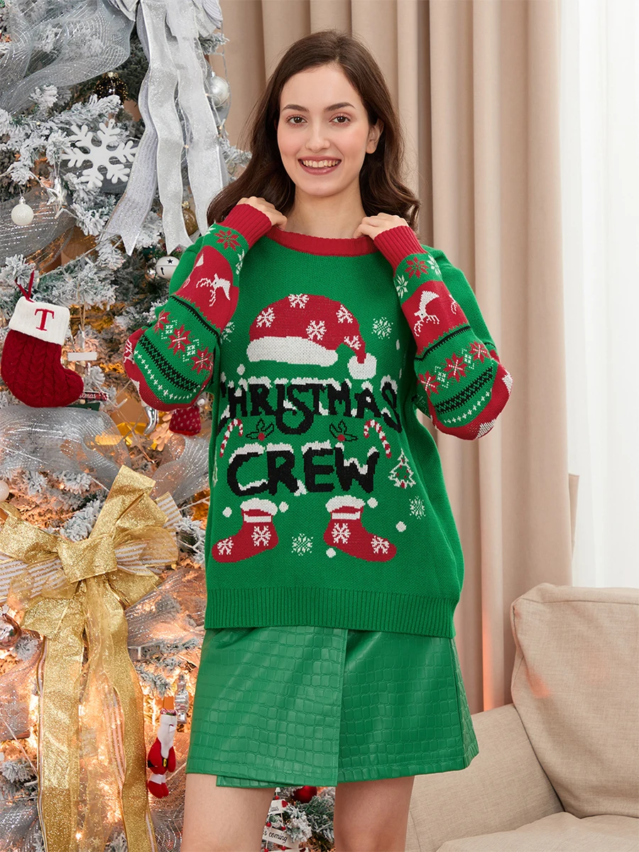 New Fashion Women Christmas Sweaters Long Sleeve Round Neck Santa Hat Letter Print Tassel Pullover Knit Tops Skin Friendly S-XL