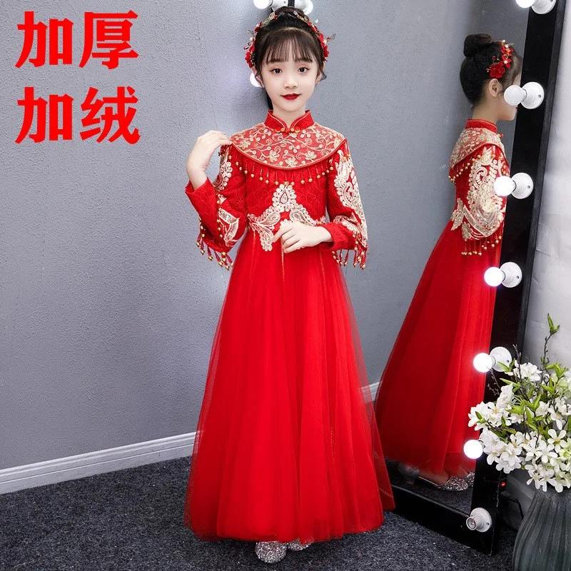 

Новогодняя одежда для девочек Hanfu, детское теплое платье-Ципао, китайский костюм Тан, детское зимнее бархатное милое праздвечерние чное платье с вышивкой