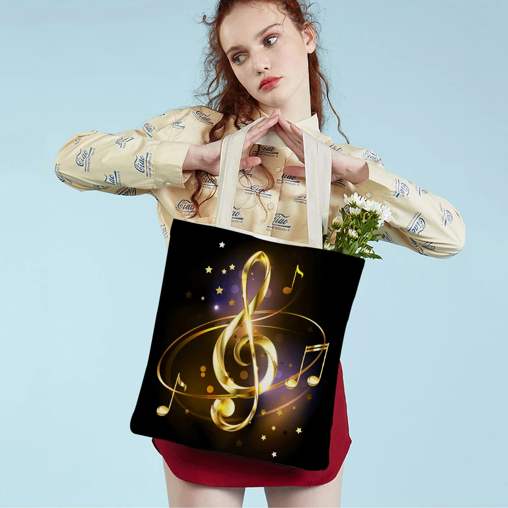 Fashion Music Note Tote Handbag for Women Guitar Microphone Violin Reusable Both Sided Print Casual Lady Canvas Shopping Bag