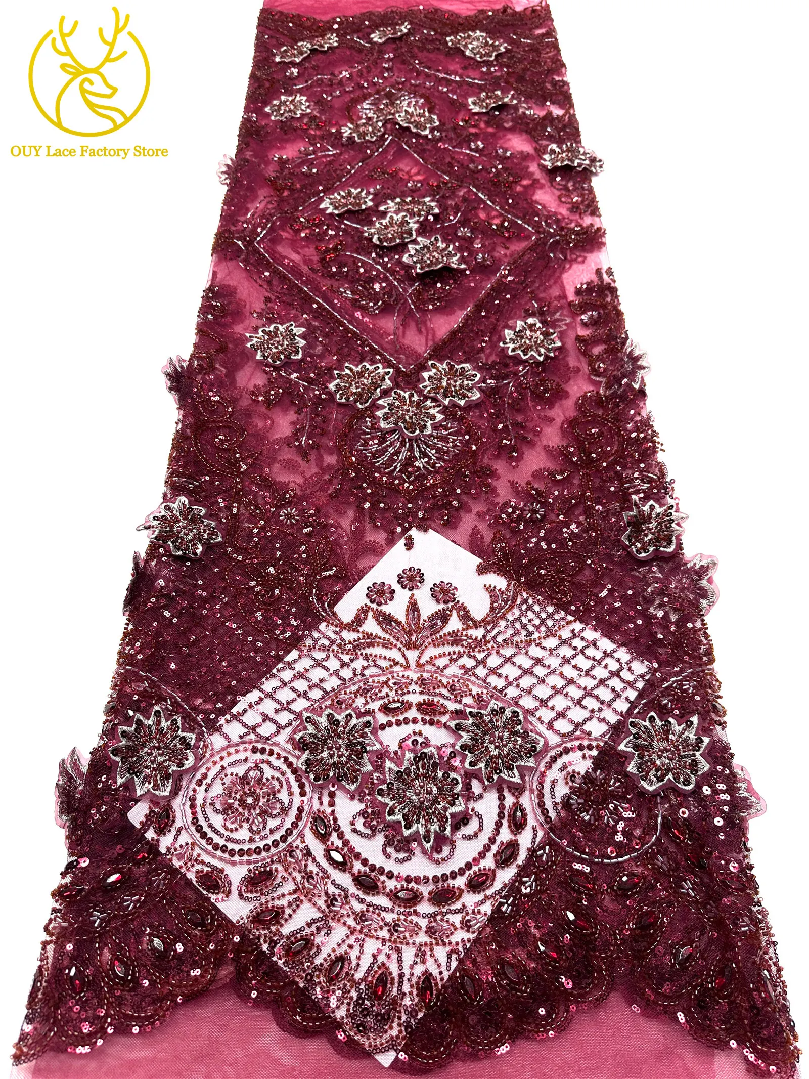 3D-Stickerei Blumen Französischer Mesh-Stein-Spitzenstoff 2026 Afrikanischer Nigerianischer Tüll Perlen-Pailletten-Spitzenstoff für Hochzeitsnäharbeiten – Detail 26