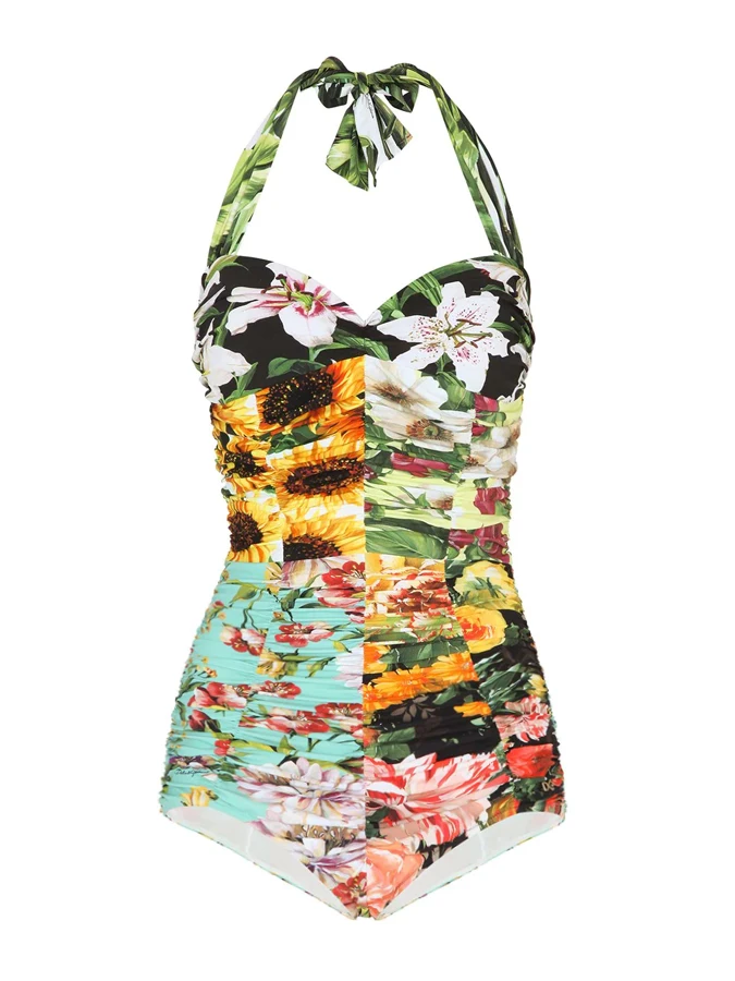 Floral Patchwork Print Beachwear 2023 Summer Women\'s Swimwear Backless One-Piece Swimsuit and Cover-up Sexy Bathing Suits Sports