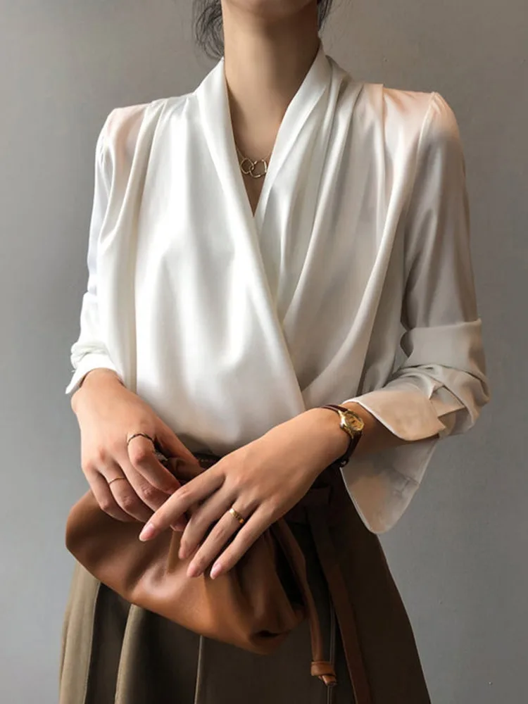 Fashion Casual Satin Sag Cross Collar Women Tops Elegant Solid Color Long-sleeved Commuter Shirt Women\'s Clothing Sales