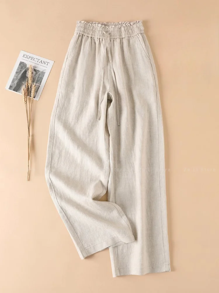 Leinenhose für Damen, locker geschnitten, weites Bein, Neu 2026, dünn, drapiert, hohe Taille, weiß, schlankmachend, lässig, gerade geschnitten