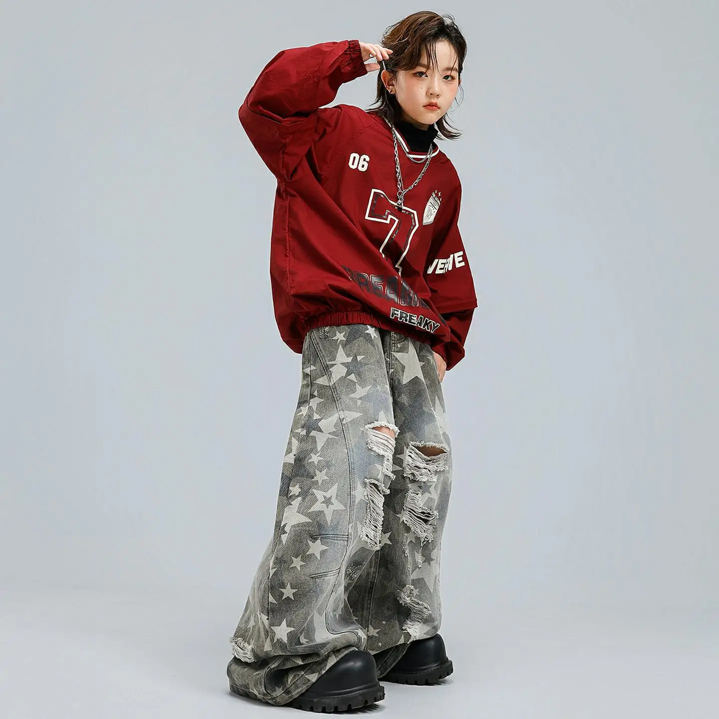 Kid Kpop Hip Hop Clothing Wine Red V Neck Sweatshirt Stars Print Ripped Baggy Pants for Girl Boy Street Dance Costumes Clothes