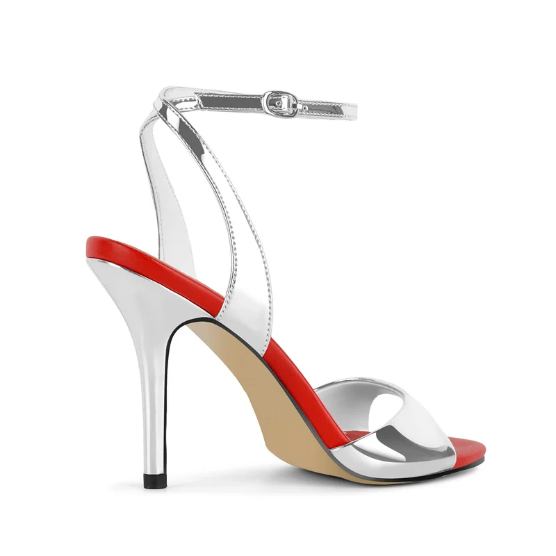Onlymaker  Open Round Toe Silver Upper Red Insole Polka Dot Sandals 10CM Stiletto Heel Ankle Strap Buckle Party Prom Dress Shoes view 3