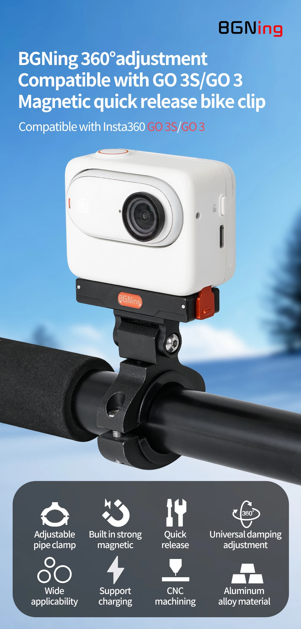 GO3 GO3S Magnetische Schnellwechselhalterung, verstellbare Aluminium-Lenkerhalterung für Insta360 Go 3/3S Fahrrad- und Motorradkamerahalter – Detail 1