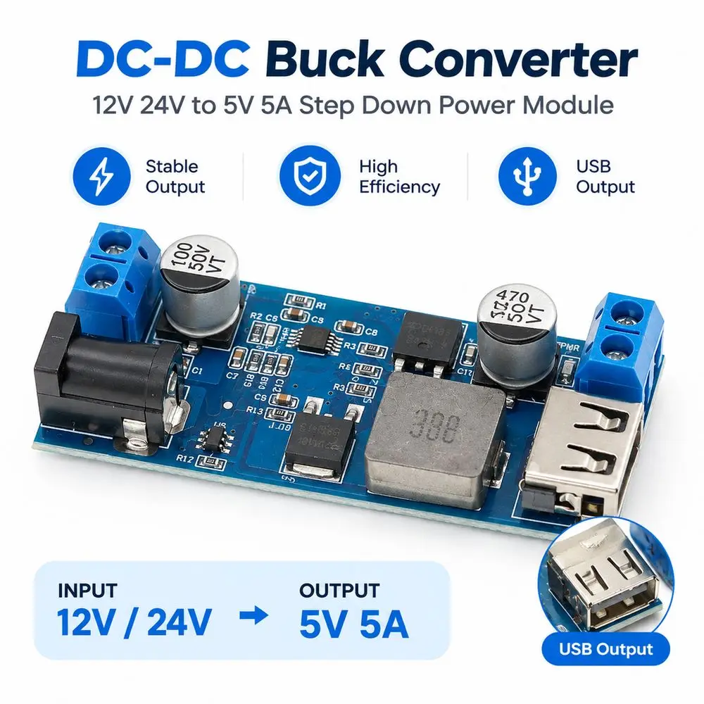 12V 24V to 5V Buck Converter Compact 5A Output DC-DC Step Down Module Overheat Protection Voltage Regulator Power Supply Module