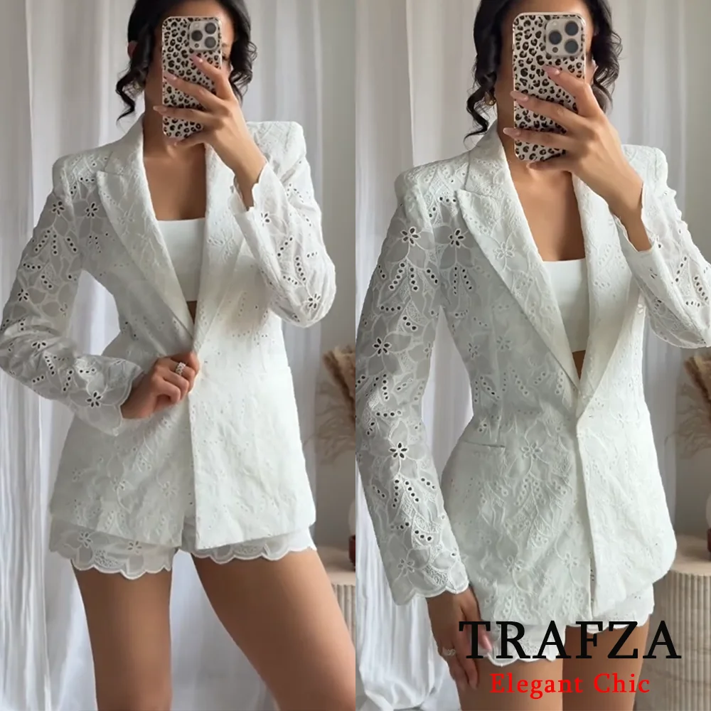 TRAFZA damski elegancki biały haftowany blezer lub zestaw spodenek nowy 2025 wiosna lato moda dojeżdżający do pracy wakacyjny swobodny zestaw marynarki