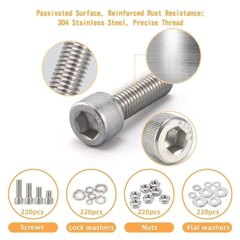 890Pcs M2M3M4 Stainless Steel Metric Bolts and Nut with Socket Head Designs